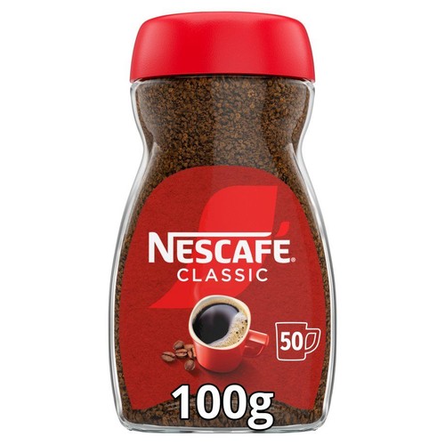 Szklany słoik kawy NESCAFÉ Classic, 100 gramów. Na etykiecie grafika filiżanki kawy. Wskazano 50 porcji.