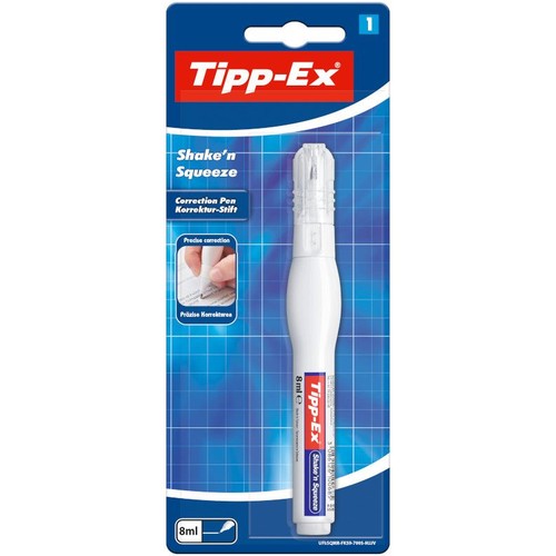 Biały korektor w pisaku Tipp-Ex Shake'n Squeeze o pojemności 8 ml, zapakowany w blister. Na opakowaniu widnieje nazwa produktu i grafika przedstawiająca precyzyjne poprawki. Idealny do biura i szkoły.