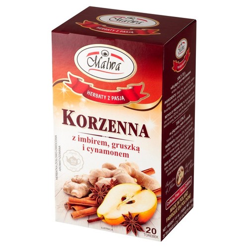 Opakowanie herbaty Malwa Korzenna, aromatyzowanej, bez kofeiny. Zawiera 20 torebek. Na pudełku imbir, gruszka, cynamon.