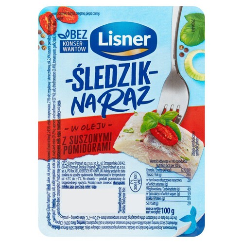 Śledzik na raz z suszonymi pomidorami i ziołami włoskimi Lisner 100 g