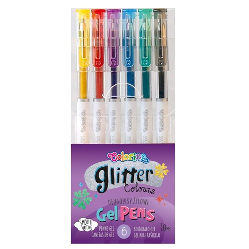 Zestaw 6 długopisów żelowych Colorino Glitter Colours w przezroczystym opakowaniu. Długopisy mają brokatowe tusze w kolorach: żółtym, czerwonym, fioletowym, niebieskim, zielonym i czarnym. Zapewniają płynne pisanie dzięki końcówce 1.0 mm.