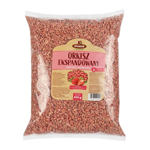 Orkisz ekspandowany w polewie o smaku truskawkowym   Orzeszek 600 g