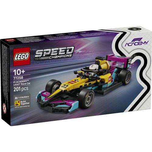 Zestaw konstrukcyjny LEGO 77258 F1 Academy Race Car z serii Speed Champions. Na opakowaniu przedstawiono szczegółowy model bolidu Formuły 1 w barwach żółto-czarnych z akcentami magenta. Przeznaczony dla 1-3 budowniczych w wieku 10+, zawiera 201 klocków.