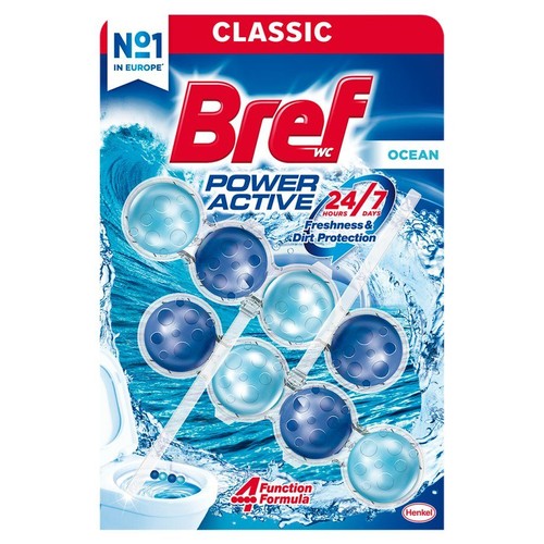 Bref WC Power Active Classic Ocean, odświeżacz do toalety. Na opakowaniu widoczne 8 niebieskich kulek produktu oraz grafika toalety i wody. Produkt zapewnia świeżość i ochronę przed brudem, jest numerem 1 w Europie.