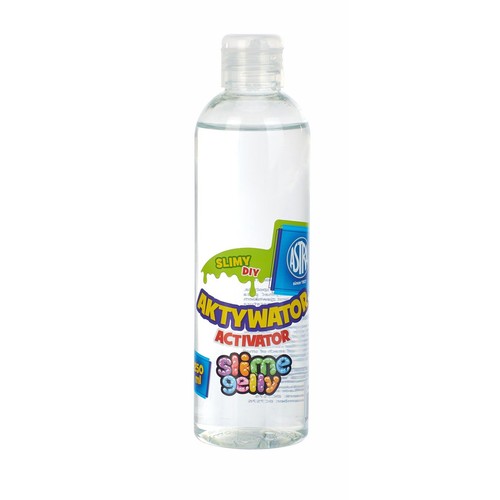 Przezroczysta butelka aktywatora do slime Astra Slime Gelly, 250 ml. Etykieta z napisem "Aktywator" i "Slimy DIY".