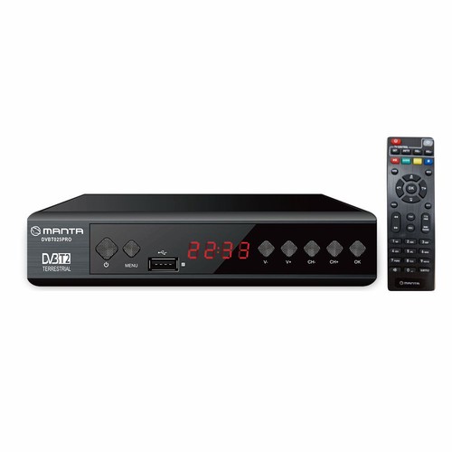 Manta DVBT625PRO, czarny tuner DVB-T2 Terrestrial z portem USB i pilotem.