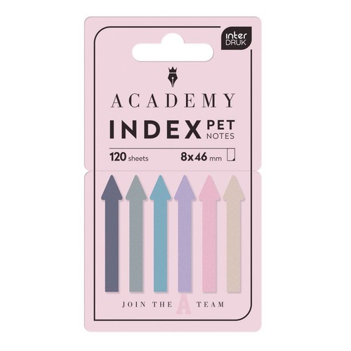 Opakowanie 120 zakładek indeksujących PET Inter Druk Academy Index, 8x46 mm. Sześć pastelowych strzałek do oznaczania stron.
