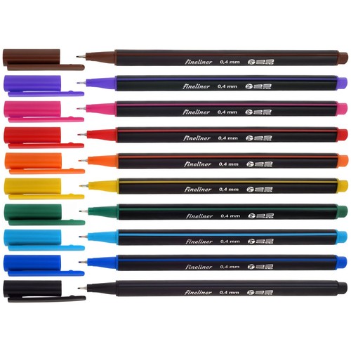 Zestaw 12 cienkopisów fineliner 0,4 mm w szerokiej gamie kolorów, ułożonych poziomo na białym tle. Każdy cienkopis ma czarny korpus z kolorowym paskiem i końcówką, odpowiadającą kolorowi tuszu. Niektóre skuwki są zdjęte.