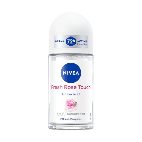 Antyperspirant NIVEA Fresh Rose Touch w szklanej butelce roll-on, 50 ml. Zapewnia 72h ochronę i działanie antybakteryjne.