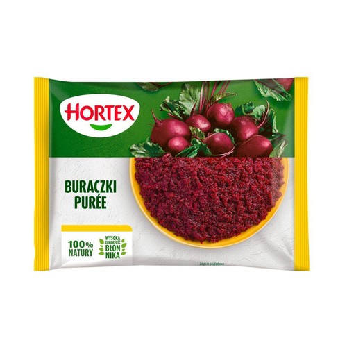 Opakowanie Hortex Buraczki Purée. Na etykiecie grafika całych buraków i miska czerwonego purée. Oznaczenia: 100% natury, wysoka zawartość błonnika.
