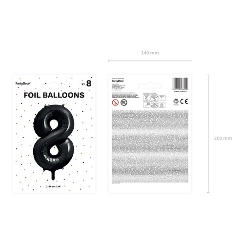 Balon foliowy Cyfra '8' 86cm czarny (1 op. / 1 szt.) PartyDeco 1 sztuka
