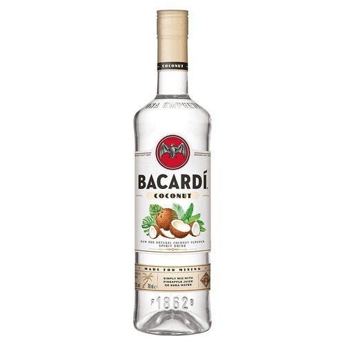 Przezroczysta szklana butelka Bacardi Coconut, napój spirytusowy o smaku rumu i naturalnego kokosa, 700 ml. Biała etykieta z czerwonym logo nietoperza i grafiką kokosów z liśćmi palmowymi. Idealny do mieszania z sokiem ananasowym lub wodą sodową.