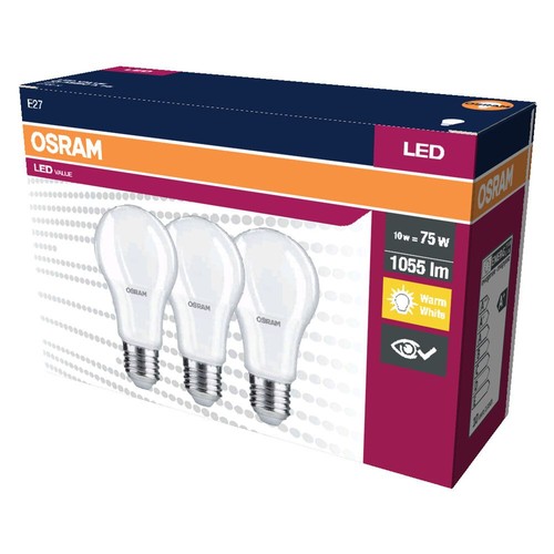 Opakowanie 3 żarówek LED OSRAM E27, 10W (odpowiednik 75W), 1055 lm, ciepła biel.