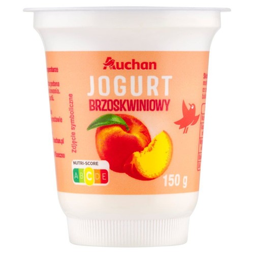 Jogurt brzoskwiniowy Auchan w białym kubku, 150 gramów. Etykieta z symbolicznym obrazkiem brzoskwini.