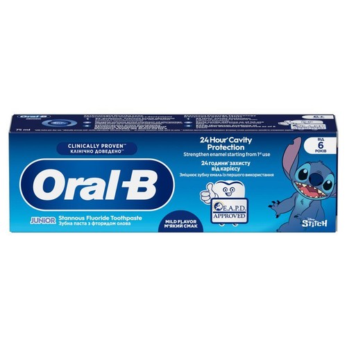 Niebieskie opakowanie pasty Oral-B Junior 75 ml. Wzmacnia szkliwo, chroni przed próchnicą. Z postacią Stitcha.
