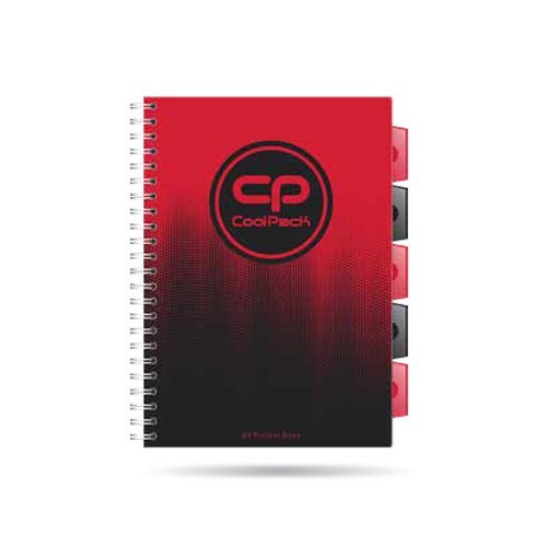 Notatnik spiralny marki CoolPack z okładką w gradacji kolorów od intensywnej czerwieni u góry do głębokiej czerni u dołu. Na środku okładki widoczne jest okrągłe logo z literami "CP" i nazwą "CoolPack". Notatnik ma 60 kartek i boczne przekładki.