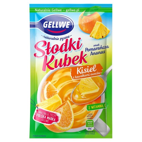 Gellwe Słodki Kubek Kisiel o smaku pomarańcza-ananas z kawałkami owoców. Opakowanie z grafiką miseczki kisielu.
