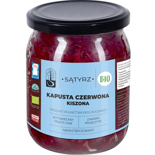 SĄTYRZ BIO Kapusta Czerwona Kiszona w szklanym słoiku z czarną nakrętką. Produkt Polski, ekologiczny, niepasteryzowany.