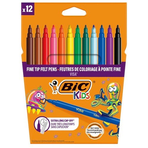 Opakowanie 12 flamastrów BIC Kids Visa z cienką końcówką. Flamastry w kolorach: brązowy, czerwony, różowy, pomarańczowy, żółty, jasnozielony, ciemnozielony, jasnoniebieski, ciemnoniebieski, fioletowy, czarny. Rekomendowane przez nauczycieli.