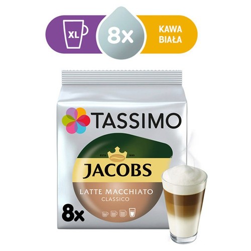 Opakowanie kapsułek Tassimo Jacobs Latte Macchiato Classico, zawierające 8 sztuk. Na górze etykieta z ikoną XL i napisem "Kawa Biała". Obok opakowania stoi szklanka z warstwową kawą latte macchiato, ozdobiona pianką.