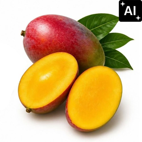 Dojrzałe mango, jedno całe i dwa przekrojone na pół, z zielonymi liśćmi.