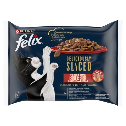 Opakowanie karmy dla kota Felix Deliciously Sliced, 4x80g. Przedstawia kota i mięsne kawałki w galaretce.