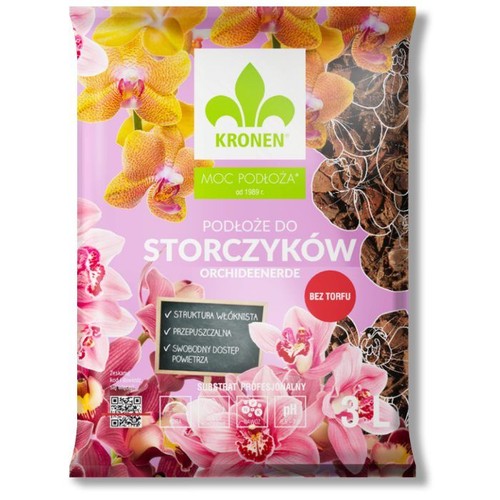 Opakowanie podłoża do storczyków KRONEN o pojemności 3 litrów. Produkt jest bez torfu, ma włóknistą i przepuszczalną strukturę, zapewniającą swobodny dostęp powietrza. Na opakowaniu widoczne są grafiki różowych i żółtych storczyków.