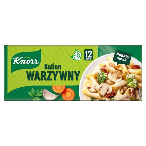 Zielone opakowanie bulionu warzywnego Knorr, 12 kostek. Na pudełku grafika czosnku, marchewki i dania z makaronem.