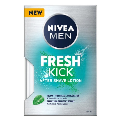 Opakowanie balsamu po goleniu Nivea Men Fresh Kick. Odświeża i orzeźwia. Pojemność 100 ml.