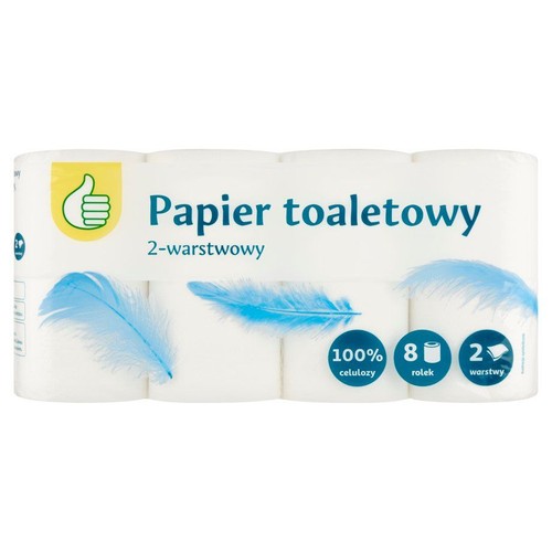 Opakowanie papieru toaletowego z 8 rolkami, 2-warstwowego, wykonanego ze 100% celulozy. Zdobione niebieskimi piórami.