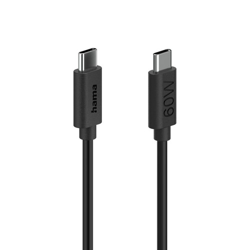Kabel USB-C Hama, czarny, z końcówkami typu C. Jedna końcówka z napisem Hama, druga z 60W.