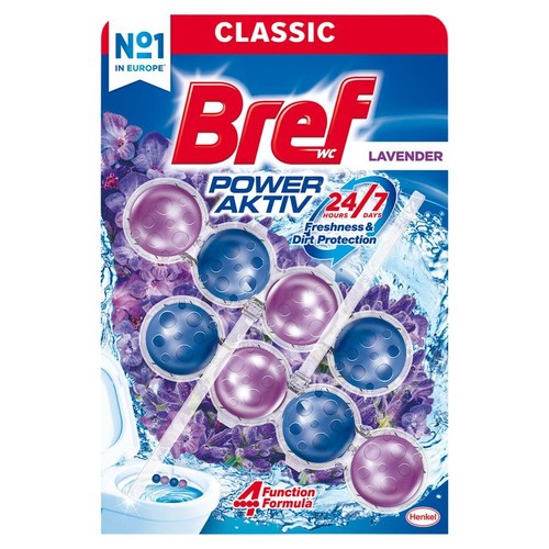 Opakowanie Bref WC Power Aktiv Classic Lawenda. Zapewnia świeżość i ochronę przed brudem 24/7. Formuła 4 funkcji.