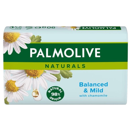 Opakowanie mydła Palmolive Naturals, 90g. Jasnoniebieskie z zielonym logo i grafiką rumianku.