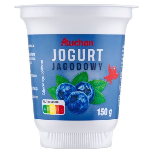 Jogurt jagodowy Auchan w białym opakowaniu 150 g. Etykieta z napisem "JOGURT JAGODOWY" i rysunkiem jagód.