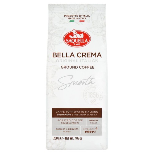 Włoska kawa mielona Saquella Caffè Bella Crema, 200g. Okrągły i owocowy smak, średnie palenie, moc 4. Mieszanka Arabica i Robusta.