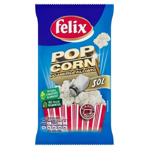 Niebieska paczka popcornu Felix do mikrofalówki, solony. Na opakowaniu grafika popcornu i solniczki.