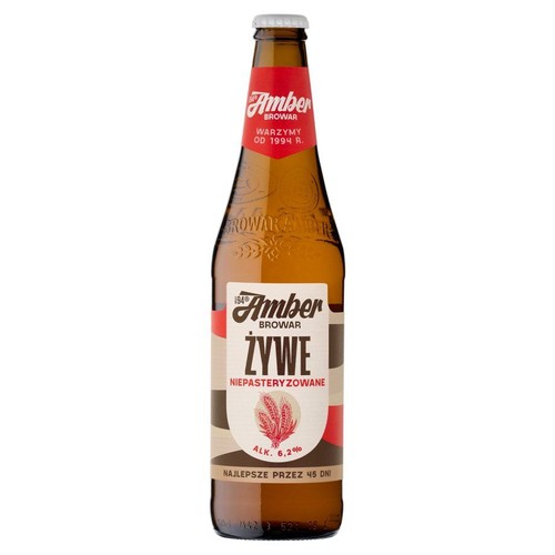 Butelka piwa Amber Browar Żywe Niepasteryzowane. Etykieta czerwono-biało-beżowa z napisem "Żywe" i grafiką kłosów zboża. Alk. 6.2%.