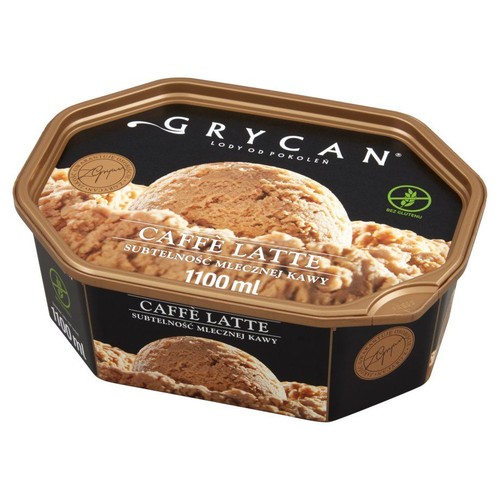 Lody Grycan Caffe Latte, 1100 ml. Opakowanie z brązową pokrywką i grafiką kawowych lodów. Bez glutenu.