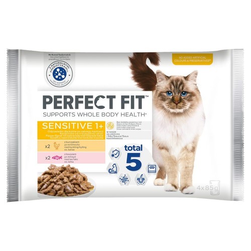 Karma mokra dla kotów Sensitive 1+ z kurczakiem i z łososiem Perfect Fit 4 x 85 g