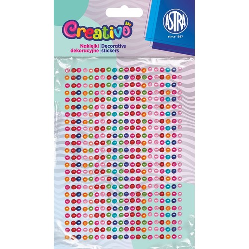 Naklejki dekoracyjne Creativo Astra. Małe, okrągłe, perłowe naklejki w wielu kolorach: różowym, czerwonym, pomarańczowym, zielonym, niebieskim.