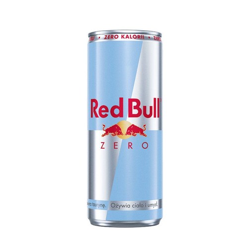 Puszka Red Bull Zero z jasnoniebieskim i srebrnym wzorem. Na puszce widnieje logo Red Bull i napis "ZERO".