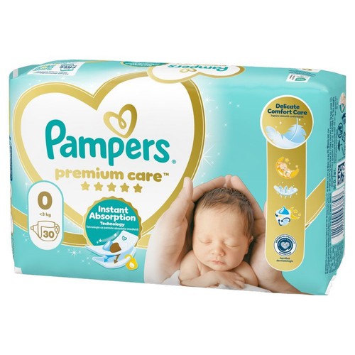 Niebieskie opakowanie pieluch Pampers Premium Care S0, 30 sztuk. Z grafiką śpiącego dziecka i informacją o wchłanianiu.