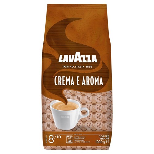 Lavazza Crema e Aroma, ziarna kawy, 1 kg. Intensywność 8/10. Brązowe opakowanie z grafiką filiżanki kawy.