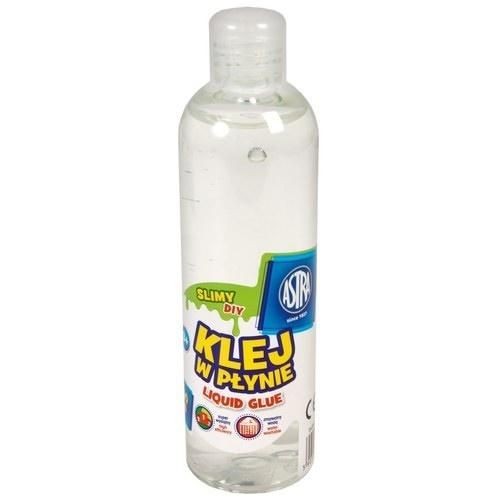 Przezroczysta butelka kleju w płynie Astra "Slimy DIY" z białą zakrętką. Na etykiecie widnieje napis "Klej w płynie" oraz "Liquid Glue". Produkt jest opisany jako bezpieczny dla dzieci, łatwy w użyciu i wydajny.