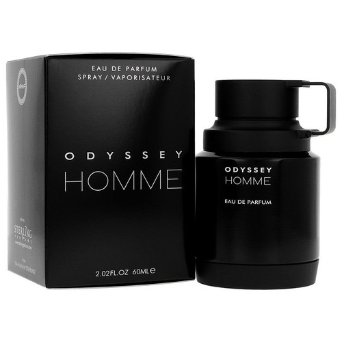 Zestaw perfum Odyssey Homme 60 ml. Zawiera czarną butelkę wody perfumowanej z uchwytem na korku oraz czarne pudełko z nazwą produktu i informacją "Woda perfumowana w sprayu".