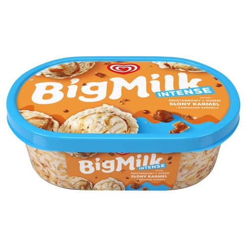 Lody BigMilk Intense w plastikowym pojemniku z niebieskim wieczkiem. Etykieta w kolorze pomarańczowym z białym napisem "BigMilk Intense". Opis smaku: śmietankowy z sosem słony karmel i kawałkami karmelu.