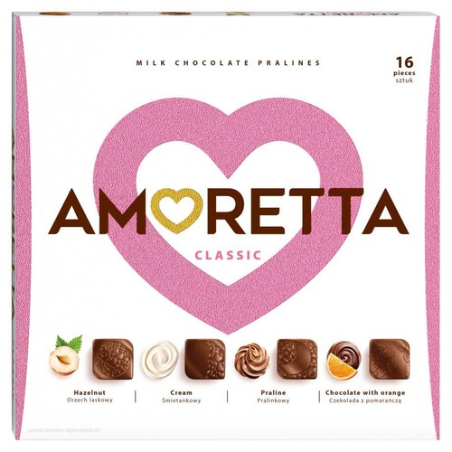 Białe pudełko pralin Amoretta Classic, 16 sztuk. Na opakowaniu duży różowy kontur serca i nazwa Amoretta. Mleczne czekoladki o smaku orzecha laskowego, śmietankowym, pralinkowym i czekolady z pomarańczą.
