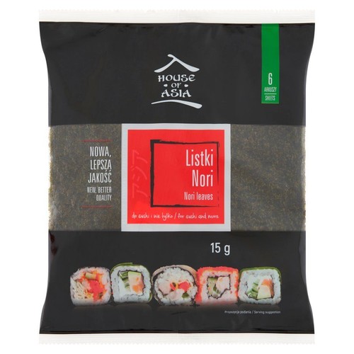 House of Asia Listki Nori, 6 arkuszy, 15g. Opakowanie czarne z czerwonym i zielonym akcentem.
