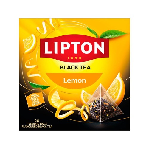 Opakowanie herbaty Lipton Black Tea Lemon. Zawiera 20 torebek piramidek z czarną herbatą i cytryną.