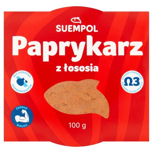 Czerwone opakowanie SUEMPOL Paprykarz z łososia, 100 g. Na froncie grafika paprykarza w kształcie ryby. Produkt bez dodatku konserwantów, będący źródłem białka oraz o wysokiej zawartości kwasów tłuszczowych Omega 3.